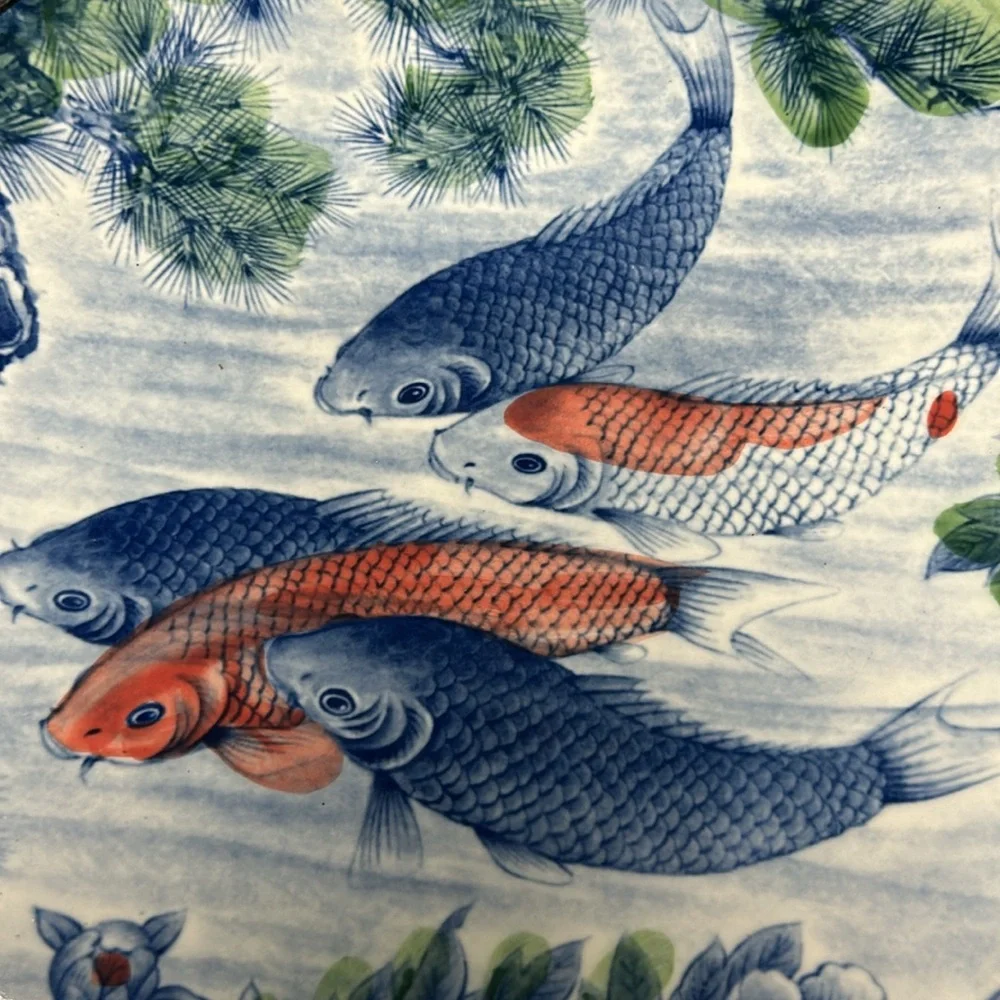 Japanese Hand Painted Porcelain Koi Fish Lotus Flower PIate